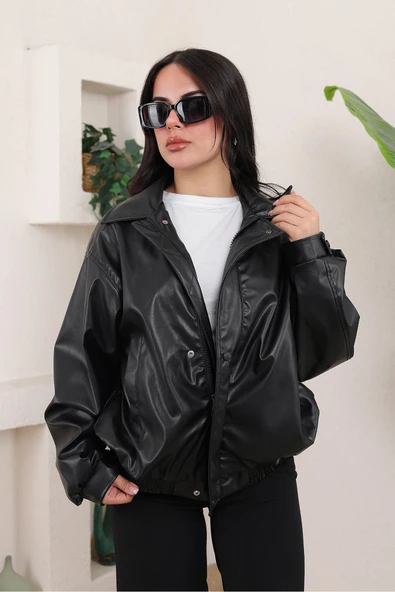 Oversize Vintage Bomber Deri Ceket - Resim 6