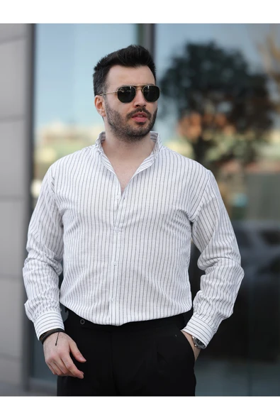 Çizgili Keten Gömlek - Resim 7