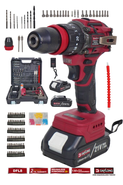 DAFLONG 21V 130 PARÇA ÇELİK MANDREN KÖMÜRSÜZ ASKILI ŞARJLI DARBELİ MATKAP+YEDEK ÇELİK MANDREN DFL-8 ürün görseli 1