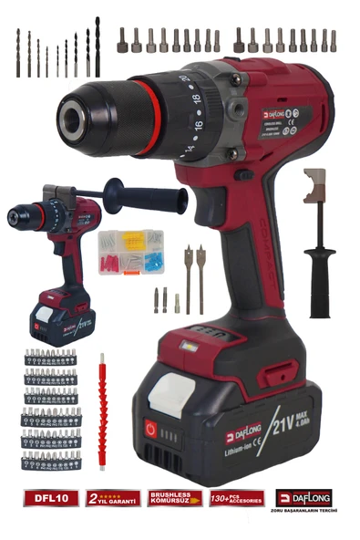 DAFLONG PRO 21V 4AH KÖMÜRSÜZ 130NM TORKLU ŞARJLI DARBELİ YANDAN TUTMALI 13 MM MATKAP VİDALAMA- DFL10 ürün görseli 1
