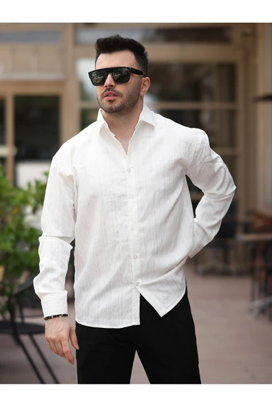 Yeni Sezon Eşref Tek Hafif Oversize Uzun Kollu Likralı Ütü İstemez Trend Çizgili Gömlek ürün görseli 1