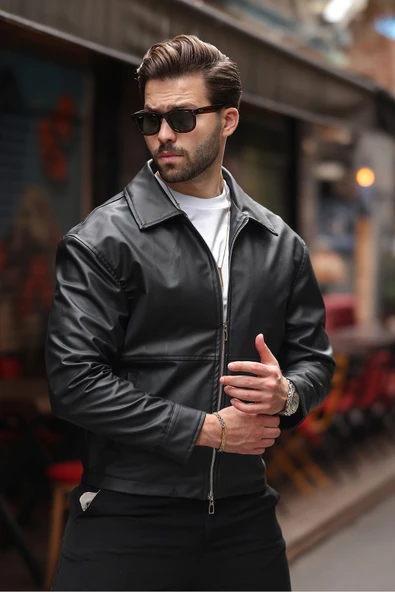 Basic Oversize Deri Ceket - Çift Fermuarlı İkonik Tasarım - Resim 9