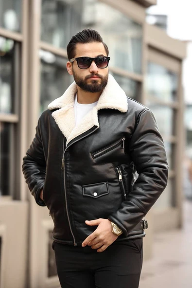 Premium İçi Komple Kürklü Biker Deri Mont ürün görseli 1