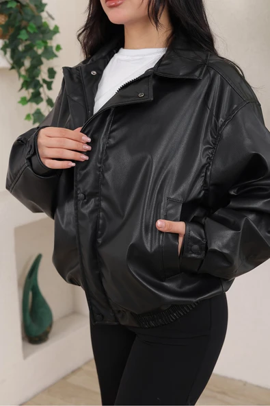 Oversize Vintage Bomber Deri Ceket - Resim 5