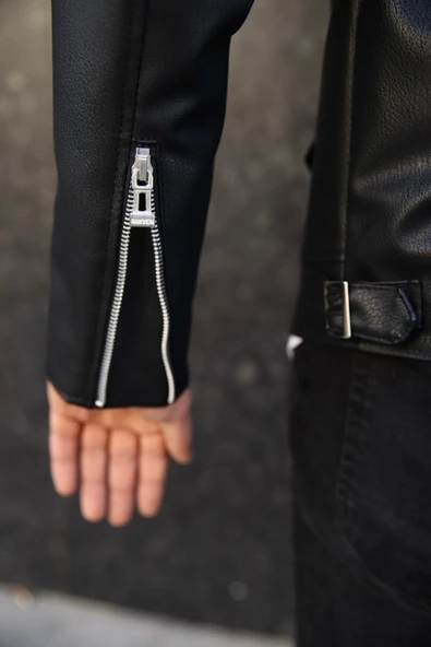 Slim Fit Biker Deri Ceket - Resim 4