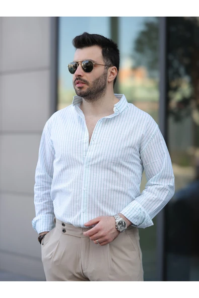 Çizgili Keten Gömlek - Resim 5