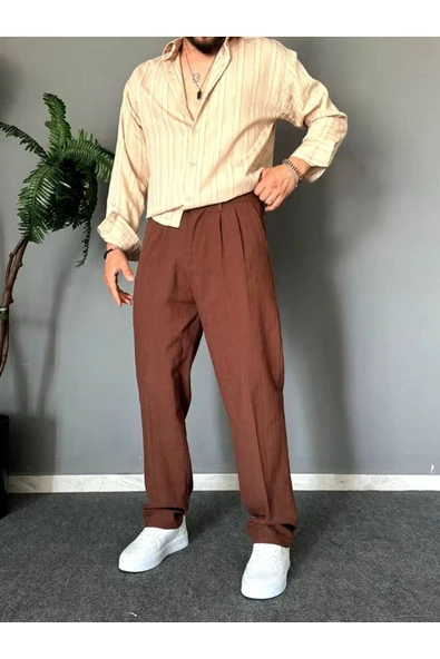 Old Money Pileli Baggy Kalıp Beli Lastikli Yazlık Keten Pantolon ürün görseli 1