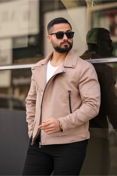Slim Fit Biker Deri Ceket - Resim 7