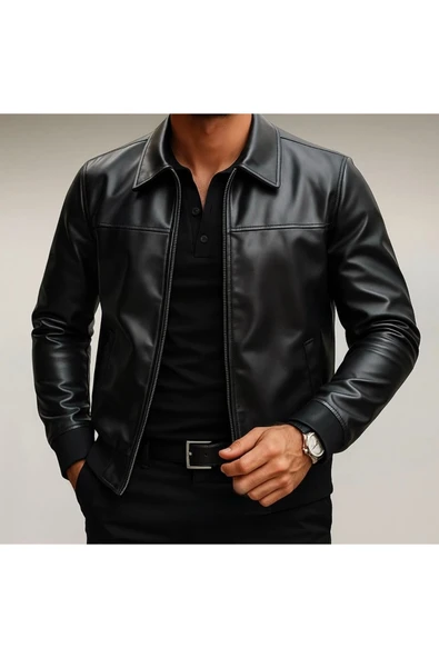Premium Slim Fit Polo Yaka Deri Ceket - Resim 2
