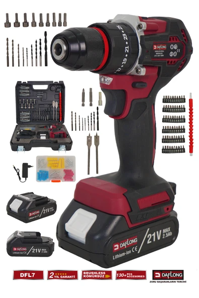 DAFLONG PRO 21V 130+ PARÇA ÇİFT AKÜLÜ ÇELİK MANDREN KÖMÜRSÜZ DARBELİ ŞARJLI MATKAP VİDALAMA DFL-7 ürün görseli 1