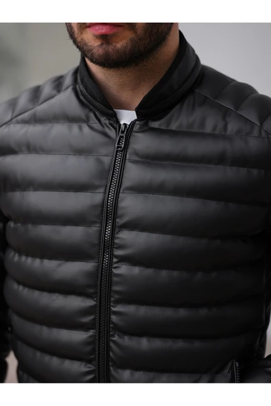 Slim Fit Deri Şişme Mont - Resim 3