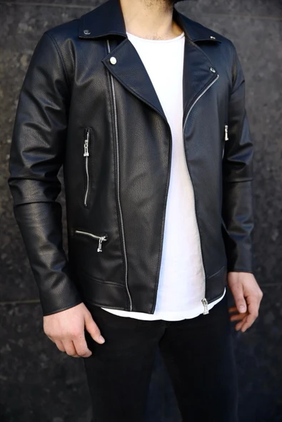 Slim Fit Biker Deri Ceket - Resim 3