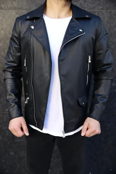 Slim Fit Biker Deri Ceket - Resim 2