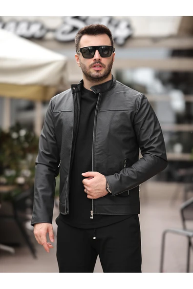 Yeni Sezon Erkek Premium Karbon Deri Slim Fit Mevsimlik Ceket ürün görseli 1