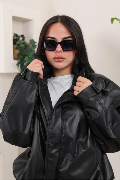 Oversize Vintage Bomber Deri Ceket - Resim 7