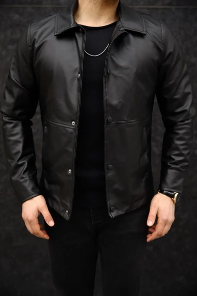 Basic Slim Fit Çıt Çıtlı Deri Ceket - Sade ve Şık Tasarım - Resim 2