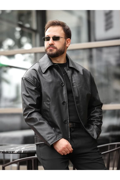 Yeni Sezon Rahat Kalıp Düğmeli Deri Ceket ürün görseli 1