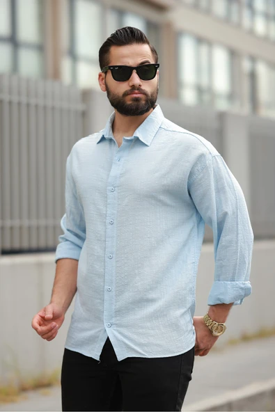 Oversize Keten Karışımlı Basic Salaş Gömlek - Resim 5