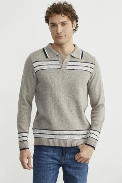Polo Yaka Kilim Motifli Triko Kazak - Vizon ürün görseli 1