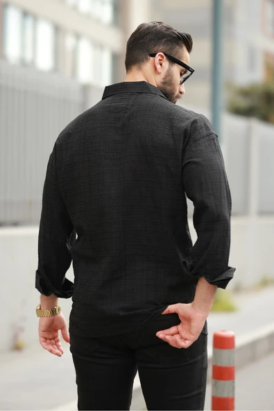 Oversize Keten Karışımlı Basic Salaş Gömlek - Resim 2