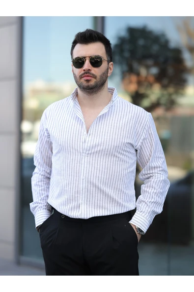 Çizgili Keten Gömlek - Resim 8