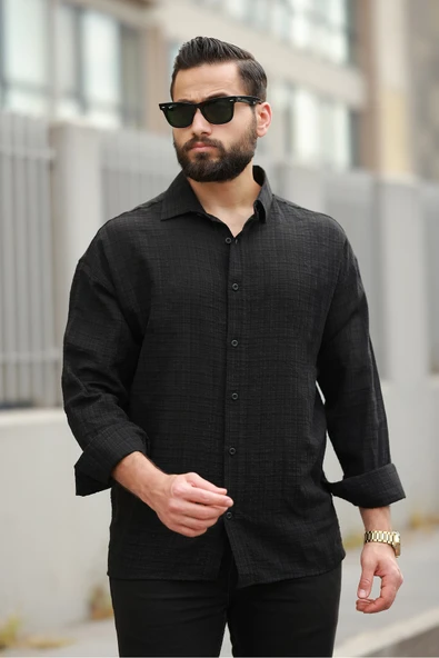 Oversize Keten Karışımlı Basic Salaş Gömlek - Resim 4