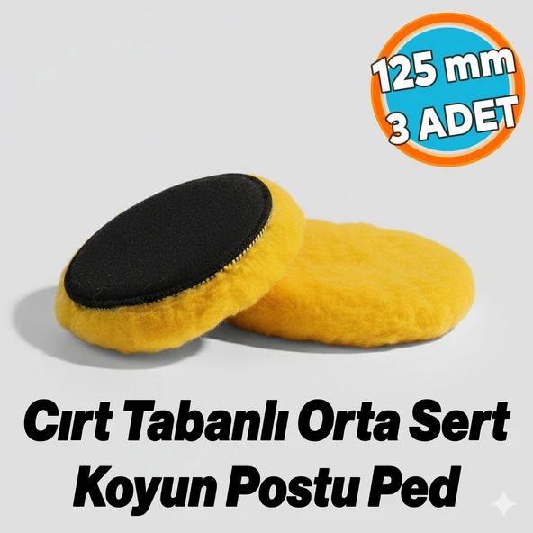 Orta Sert Koyun Kuzu Postu Pedi Ø 125 mm Pasta Cila Polisaj Cırt Tabanlı Yün Sarı Renk ( 3 Adet) ürün görseli 1