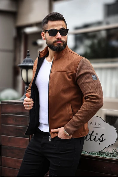 Premium Örme Triko Kol Dik Yaka Süet Ceket - Resim 5