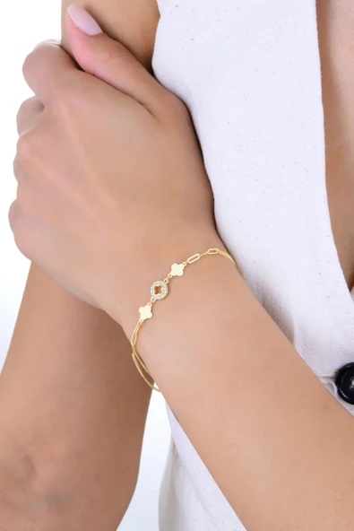 Gümüş altın yaldızlı zirkon taşlı çift zincirli katre yonca bileklik  SGTL12925GOLD ürün görseli 1