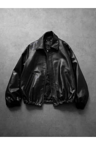 Vintage Bomber Oversize Deri Ceket - Resim 2