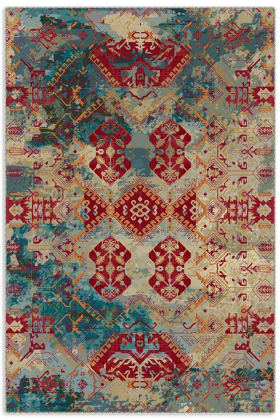 Pastel Home Yeşil Kiremit Etnik Şönil Halı Kilim Yolluk Yıkanabilir Kaymaz Kendinden Saçaklı Salon Koridor ürün görseli 1