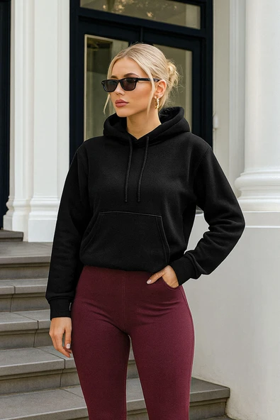 Kadın Kapüşonlu Cepli Siyah Polar Sweatshirt ürün görseli 1