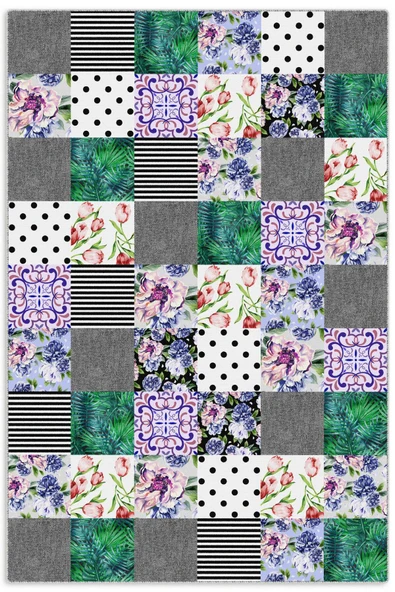 Pastel Home Gri Yeşil Çiçekli Patchwork Şönil Halı Kilim Yolluk Kaymaz Yıkanabilir Mutfak Koridor Oturma Odası ürün görseli 1