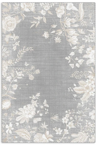 Pastel Home Kaşmir doku yumuşak kaymaz pamuk taban oturma odası salon mutfak koridor çiçekli gri halı kilim ürün görseli 1