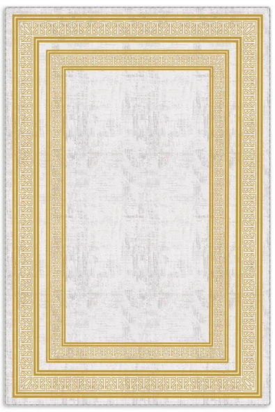 Pastel Home Altın Sarısı Çerçeveli Gri Şönil Halı Yolluk Kilim Salon Koridor Mutfak Kaymaz Yıkanabilir ürün görseli 1