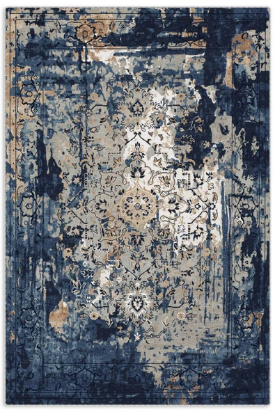 Pastel Home Saçaklı Şönil Pamuk Dekoratif Halı Kilim Yolluk Mavi Lacivert Geçişli Bej Detaylı Tasarım ürün görseli 1