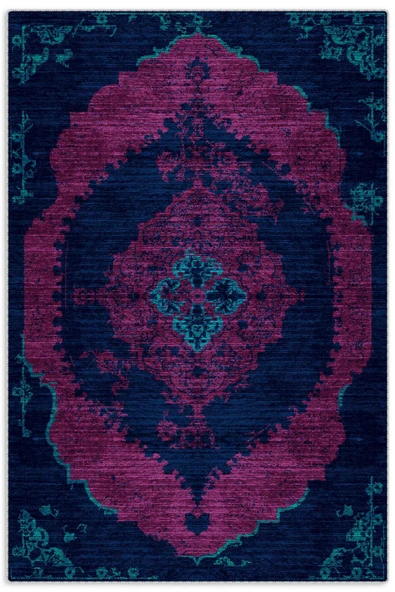 Pastel Home Modern Vintage Fuşya Lacivert Şönil Halı Kilim Yolluk Kaymaz Pamuk Taban Yıkanabilir Saçaklı ürün görseli 1