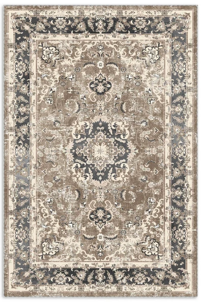 Pastel Home Bej Füme Klasik Desenli Vintage Şönil Halı Kilim Yolluk Kaymaz Yıkanabilir Saçaklı ürün görseli 1