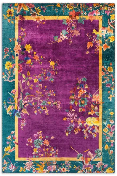 Pastel Home Kaşmir doku yumuşak kaymaz pamuk taban oturma odası salon mutfak koridor çiçekli mor yeşil halı ürün görseli 1