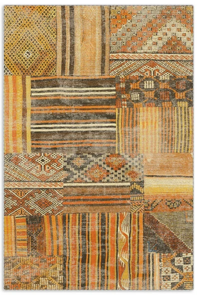 Pastel Home Turuncu Patchwork Şönil Halı Kilim Yolluk Kaymaz Yıkanabilir Saçaklı Salon Koridor Mutfak ürün görseli 1