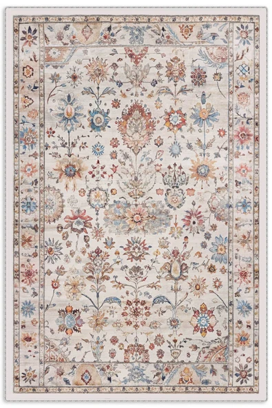 Pastel Home Tasarım Çift Taraflı Yıkanabilir Şönil Halı Kilim Yolluk Çiçek Motifli Bej Krem Renkli ürün görseli 1