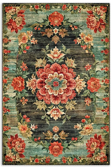 Pastel Home Etnik Çiçekli Karabağ Desenli Şönil Halı Kilim Kaymaz Pamuk Taban Kendinden Saçaklı Yıkanabilir ürün görseli 1