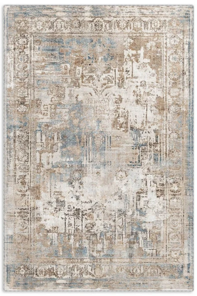 Pastel Home Tasarım Çift Taraflı Yıkanabilir Şönil Halı Kilim Yolluk Çerçeveli Eskitme Bej Mavi ürün görseli 1