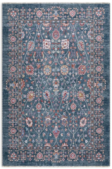 Pastel Home Eskitme mavi etnik desenli şönil kendinden saçaklı halı kilim yolluk yıkanabilir kaymaz taban ürün görseli 1