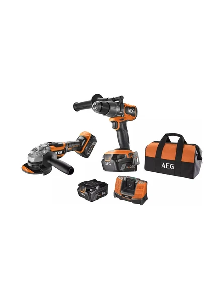 AEG 2'li Akülü Set JP18A2-502B 18V Akülü Set BSB18C3BL Darbeli Matkap + BEWS18-125BL Avuç Taşlama Çift akülü 2x5.0Ah- 4935480951 ürün görseli 1