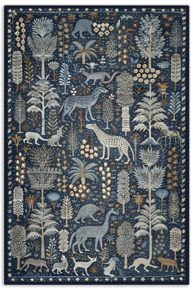 Pastel Home Tasarım Çift Taraflı Yıkanabilir Şönil Halı Kilim Yolluk Doğa Ve Orman Temalı Mavi Lacivert Eskitme ürün görseli 1