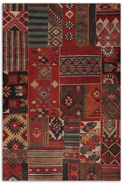 Pastel Home Kırmızı Patchwork Anadolu Kilim Şönil Halı Yolluk Kaymaz Yıkanabilir Saçaklı Salon Koridor Mutfak ürün görseli 1