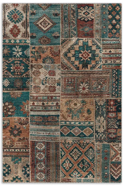 Pastel Home Kahverengi Yeşil Eskitme Patchwork Şönil Halı Kilim Yolluk Kaymaz Yıkanabilir Saçaklı ürün görseli 1