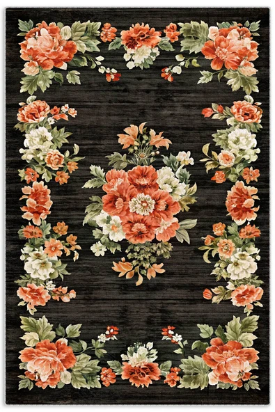 Pastel Home Etnik Çiçekli Karabağ Desenli Şönil Halı Kilim Kaymaz Pamuk Taban Kendinden Saçaklı Yıkanabilir ürün görseli 1