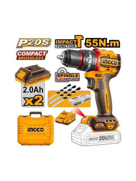 Ingco Darbeli Matkap Seti 13 mm 20V 2X2.0AH- CIDLI20558E ürün görseli 1